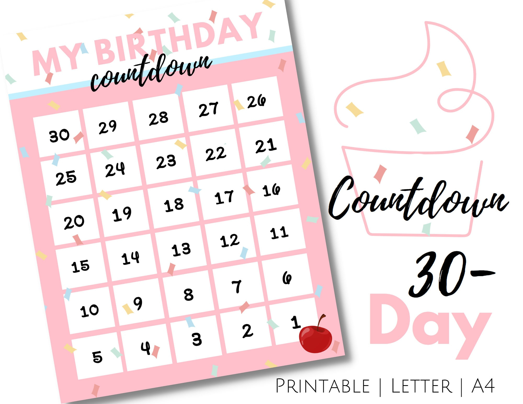 Countdown To Birthday, Printable 30 Day Birthday Countdown, Kids in Birthday Calendar 2025 Countdown Printable