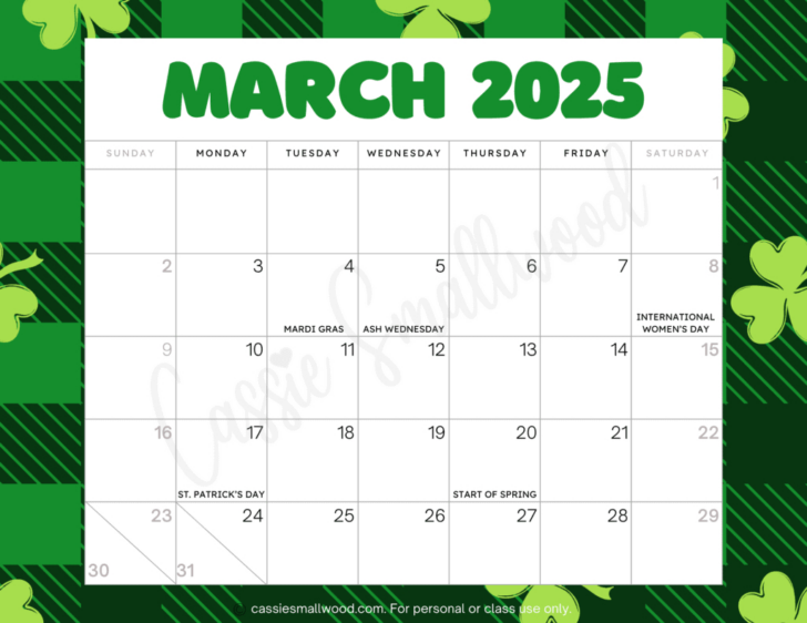 March 2025 Calendar with Holidays Printable