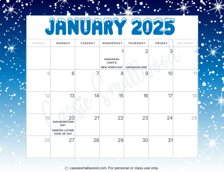 Printable 2025 Monthly Calendar with Holidays