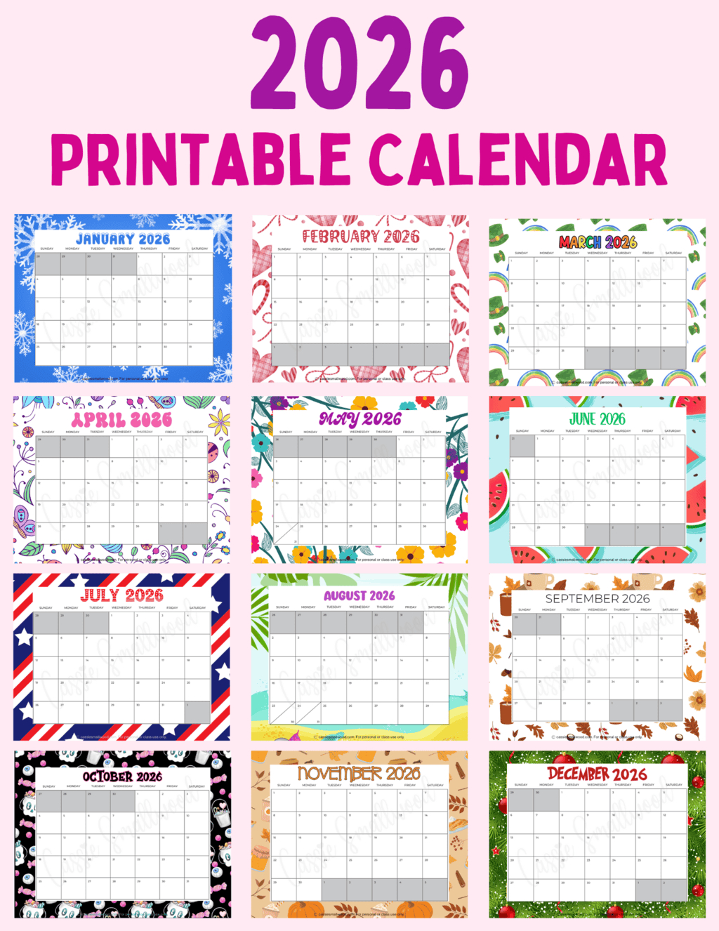 Cute Free Printable 2026 Monthly Calendar - Cassie Smallwood pertaining to Printable 2026 Calendar by Month