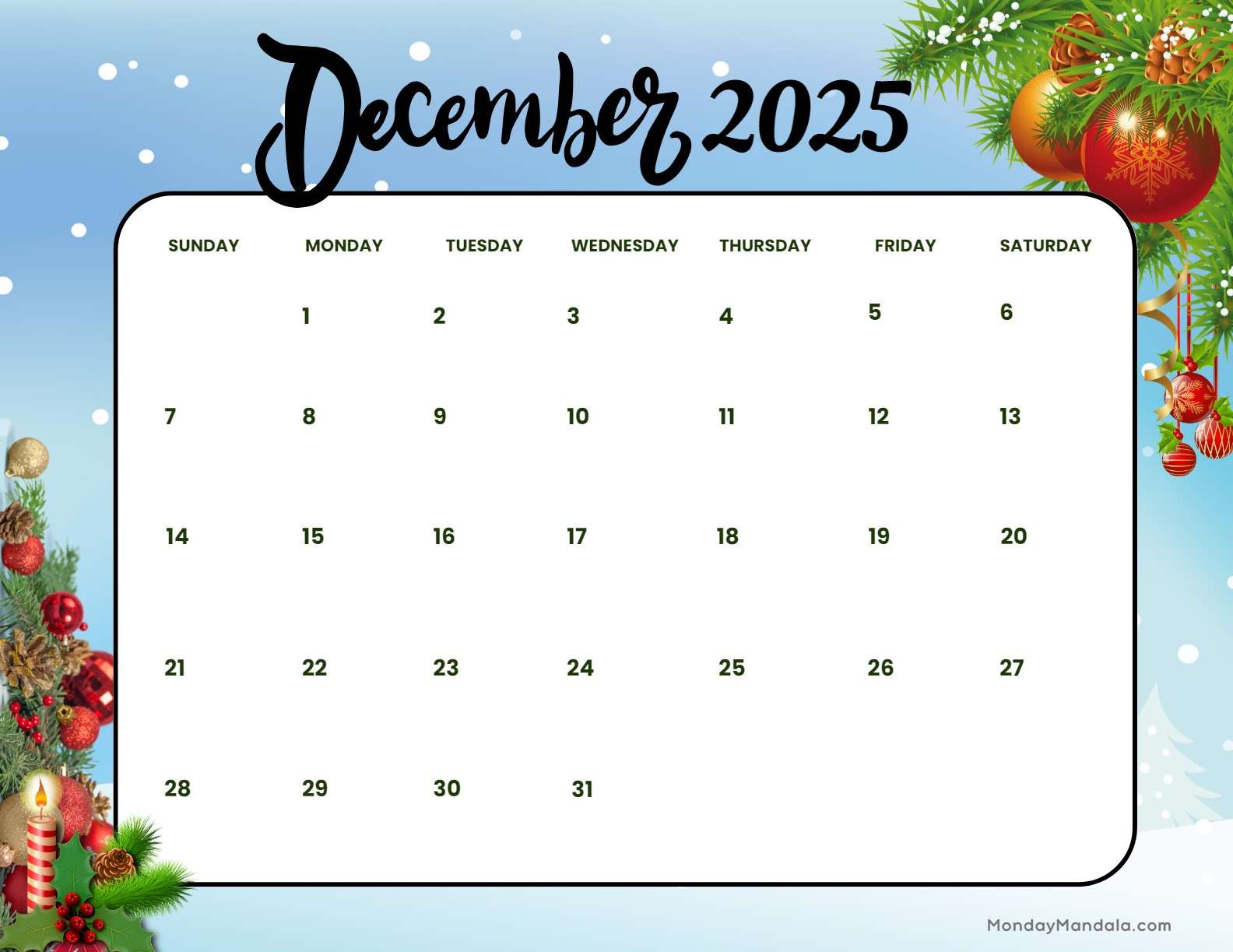 December 2025 Calendar (52 Free Pdf Printables) with Santa Advent Calendar 2025 Printable