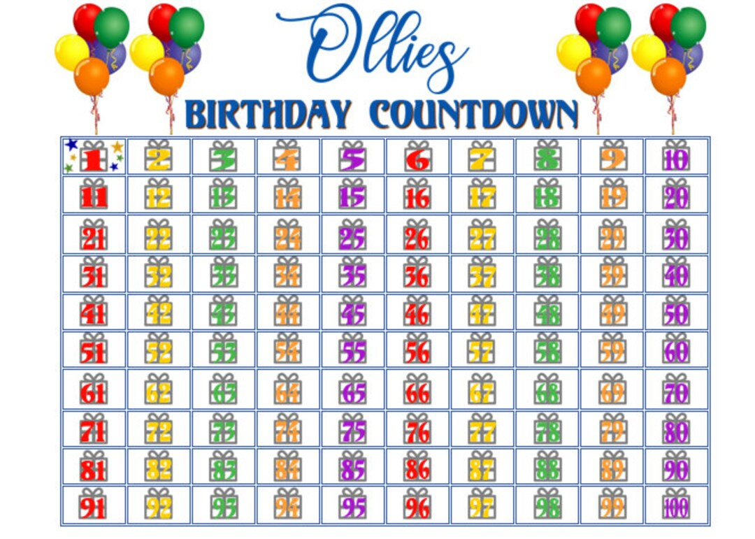 Digital Download Personalised 100 Day Birthday Countdown Wall inside Birthday Calendar 2025 Countdown Printable