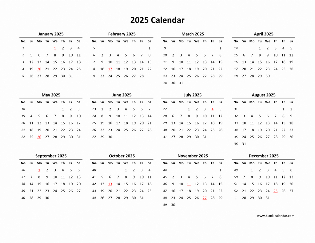 Download Blank Calendar 2025 (12 Months On One Page, Horizontal) with Blank 12 Month Calendar 2025 Printable