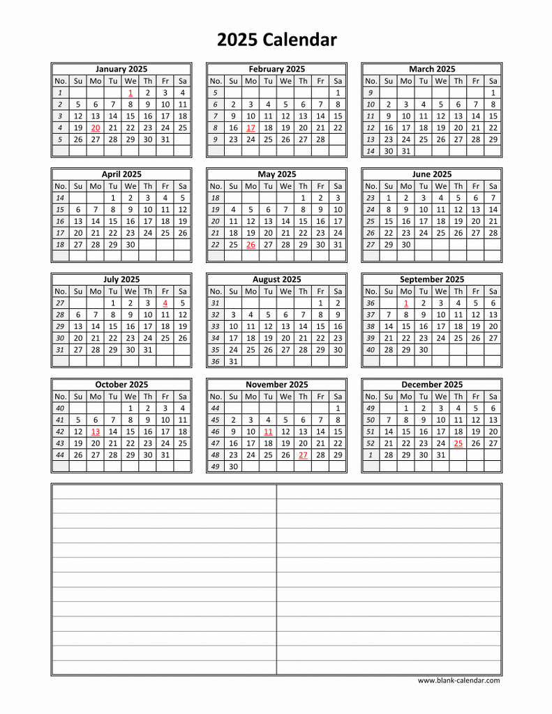 Download Blank Calendar 2025 With Space For Notes (12 Months On inside Blank 12 Month Calendar 2025 Printable