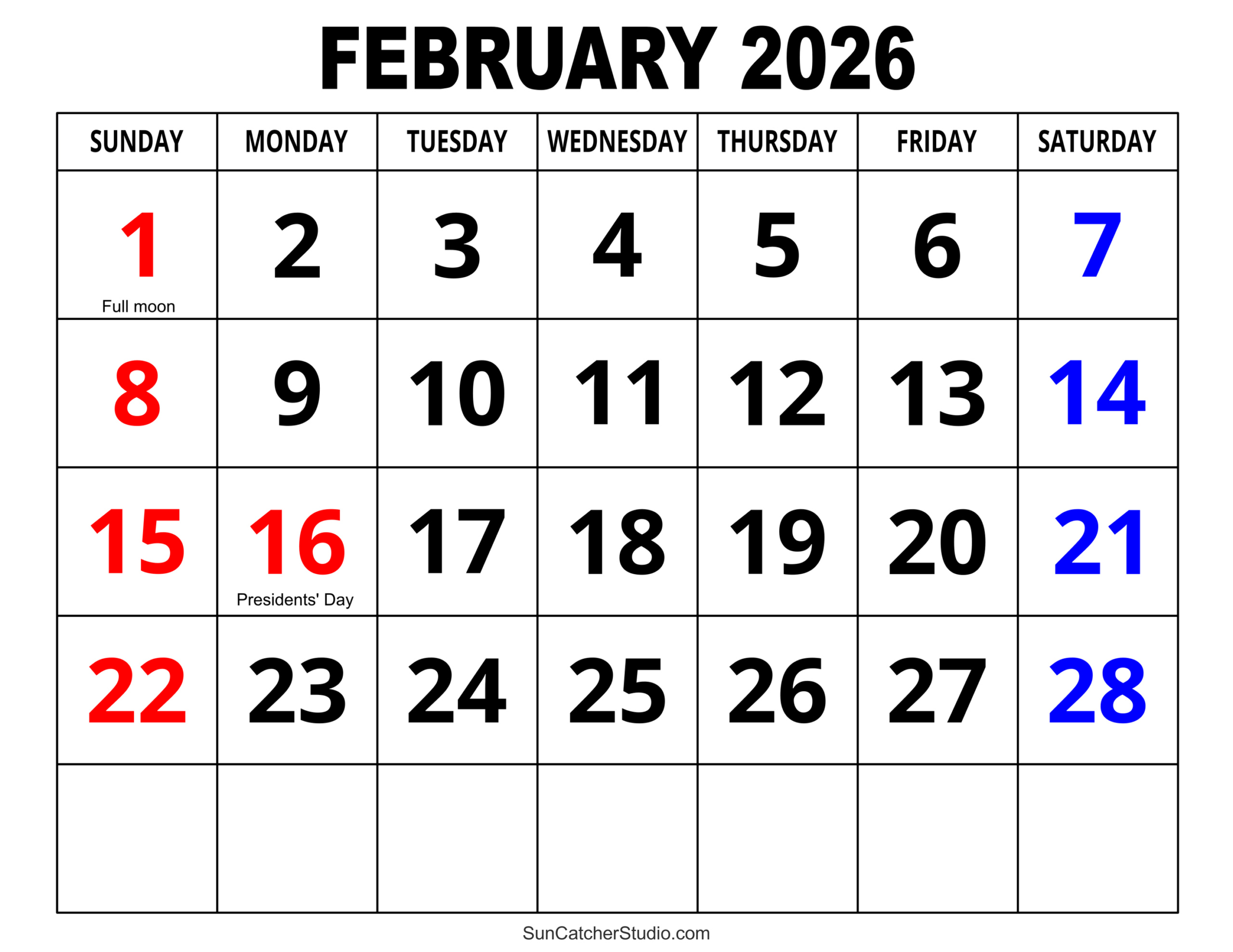 February 2026 Calendar (Free Printable) – Diy Projects, Patterns inside Feb 2026 Calendar Printable