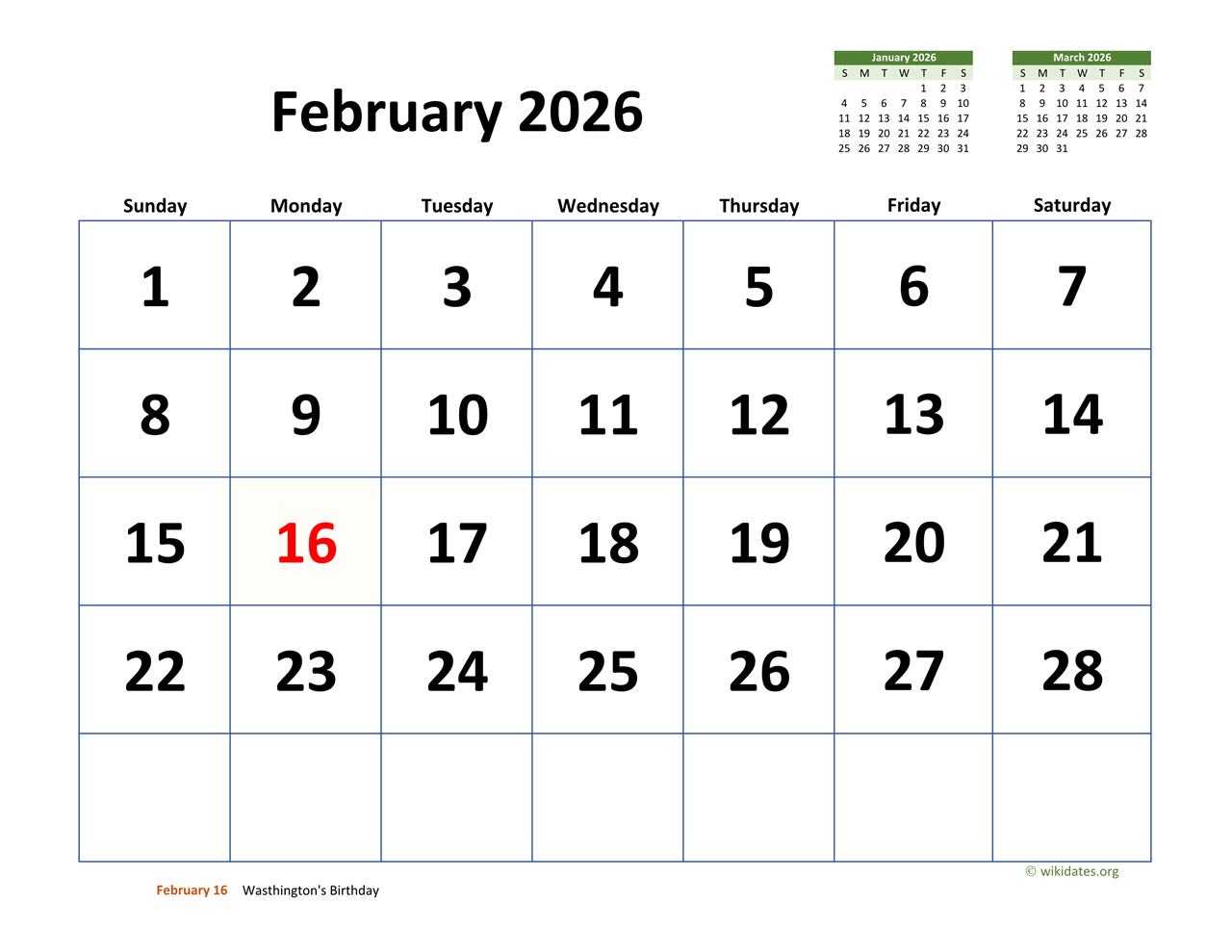 February 2026 Calendar With Extra-Large Dates | Wikidates for Printable Calendar February 2026