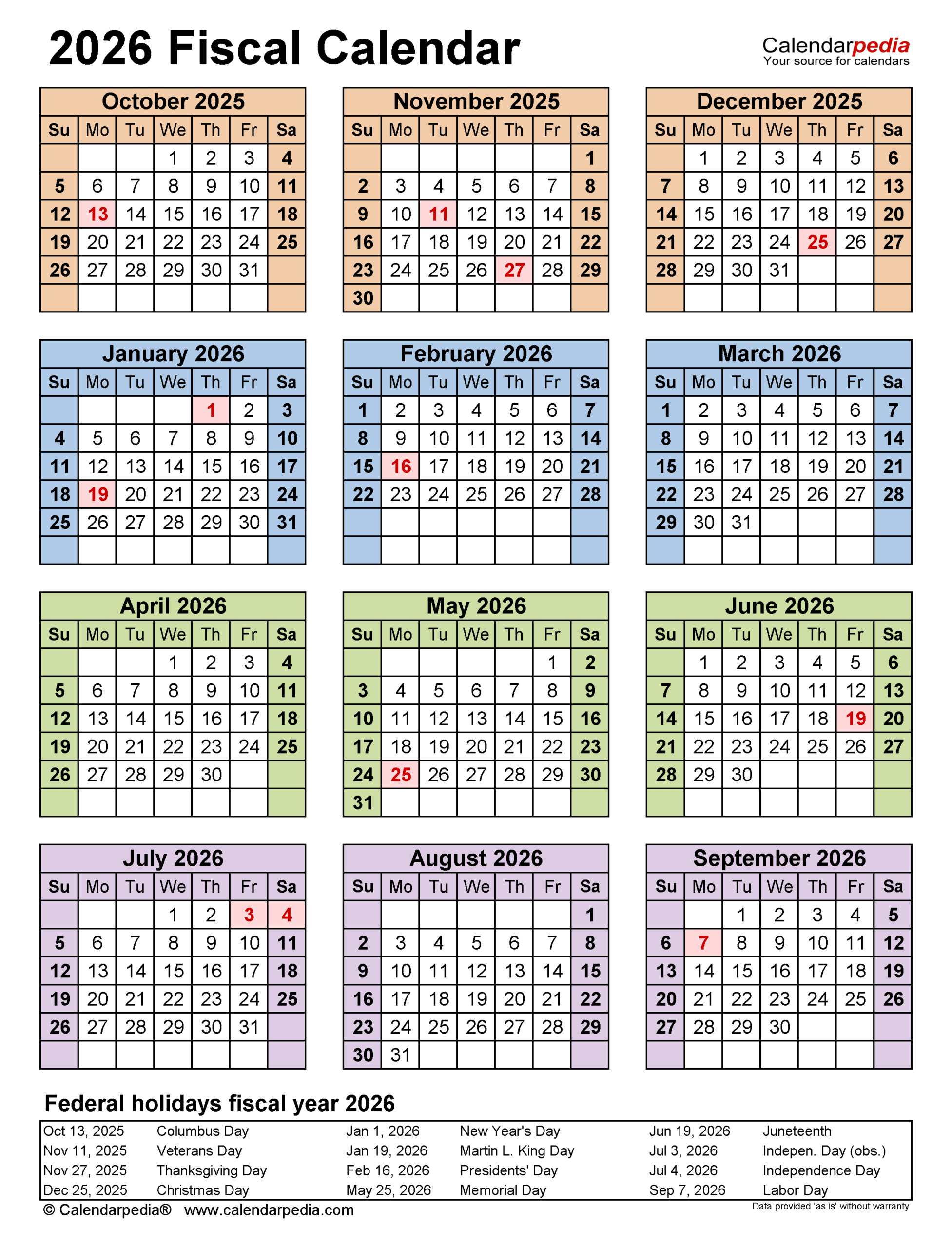 Fiscal Calendars 2026 - Free Printable Pdf Templates throughout Fiscal Year 2026 Calendar Printable