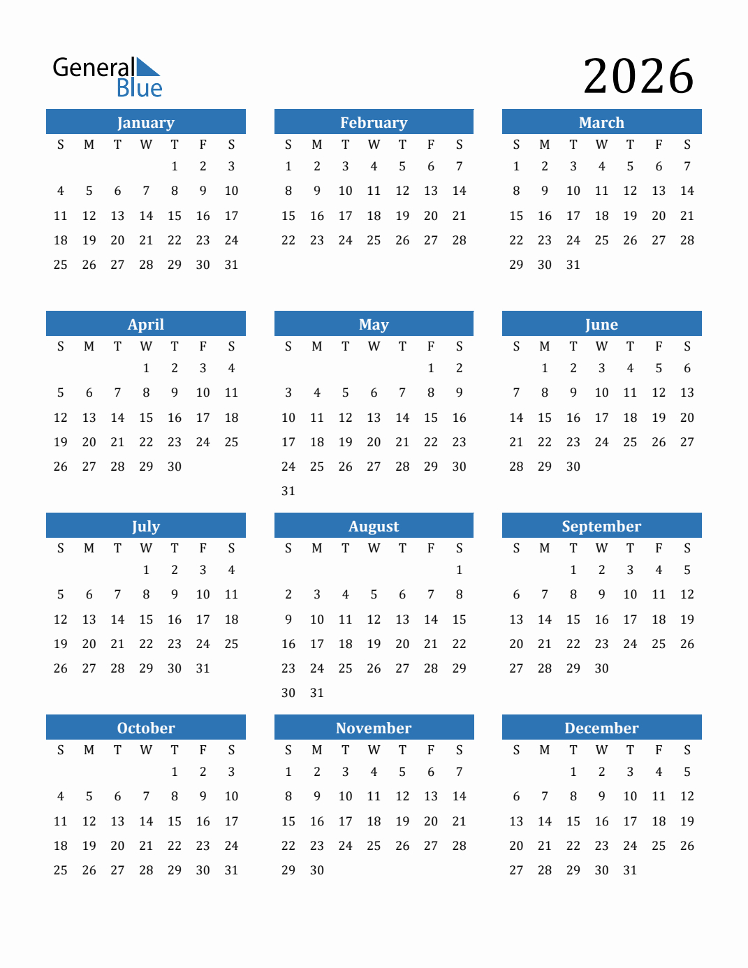 Free 2026 Calendars In Pdf, Word, Excel inside Year Calendar 2026 Printable