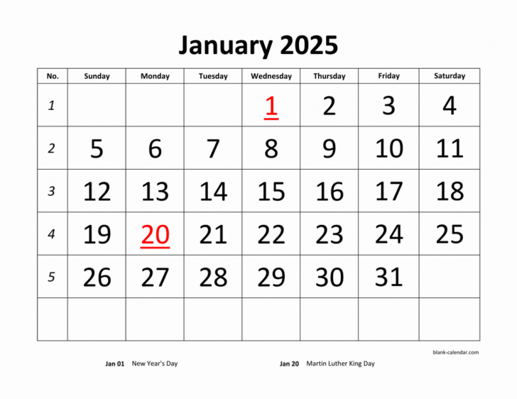 Printable Downloadable Blank Calendar 2025 Template