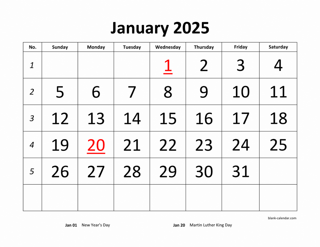 Free Download Printable Calendar 2025, Large Font Design for Printable Downloadable Blank Calendar 2025 Template