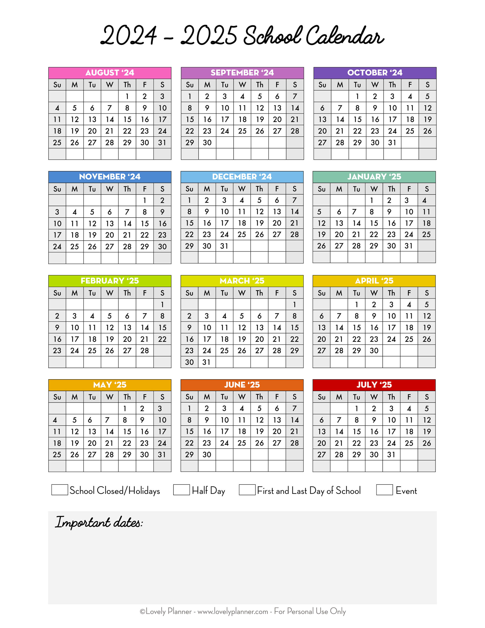 Free Printable 2024-2025 School Calendar - One Page Academic within Vacation Countdown Calendar 2025 Printable