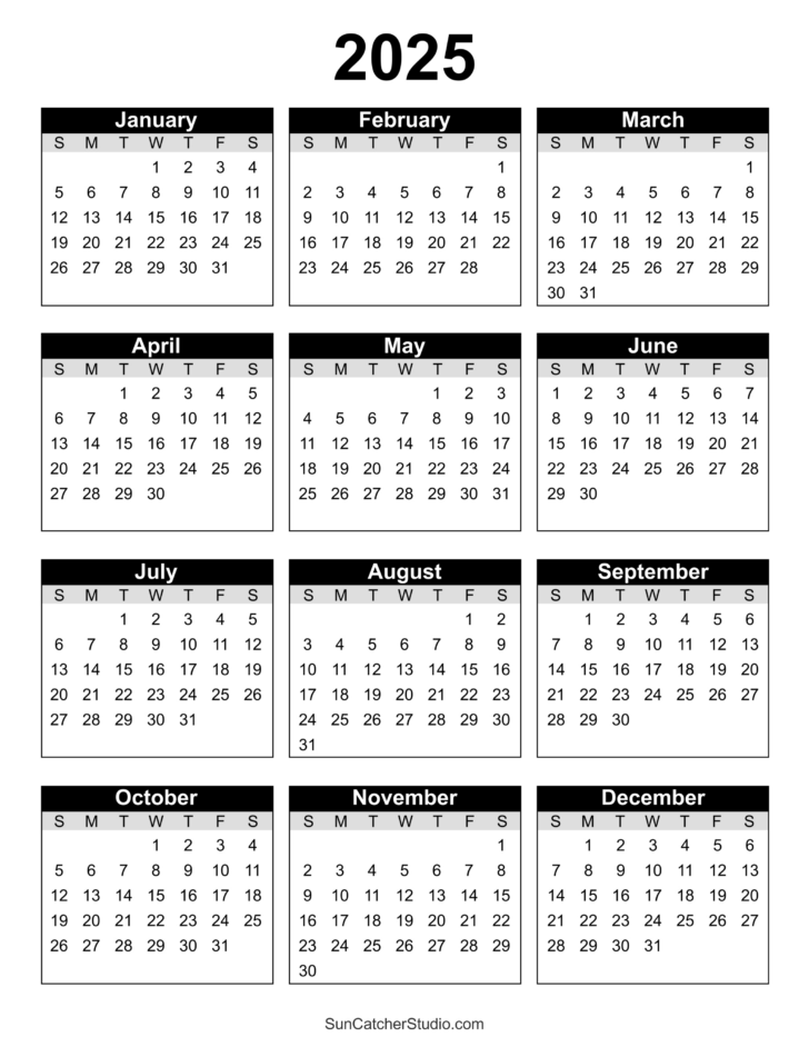 2025 Full Year Printable Calendar