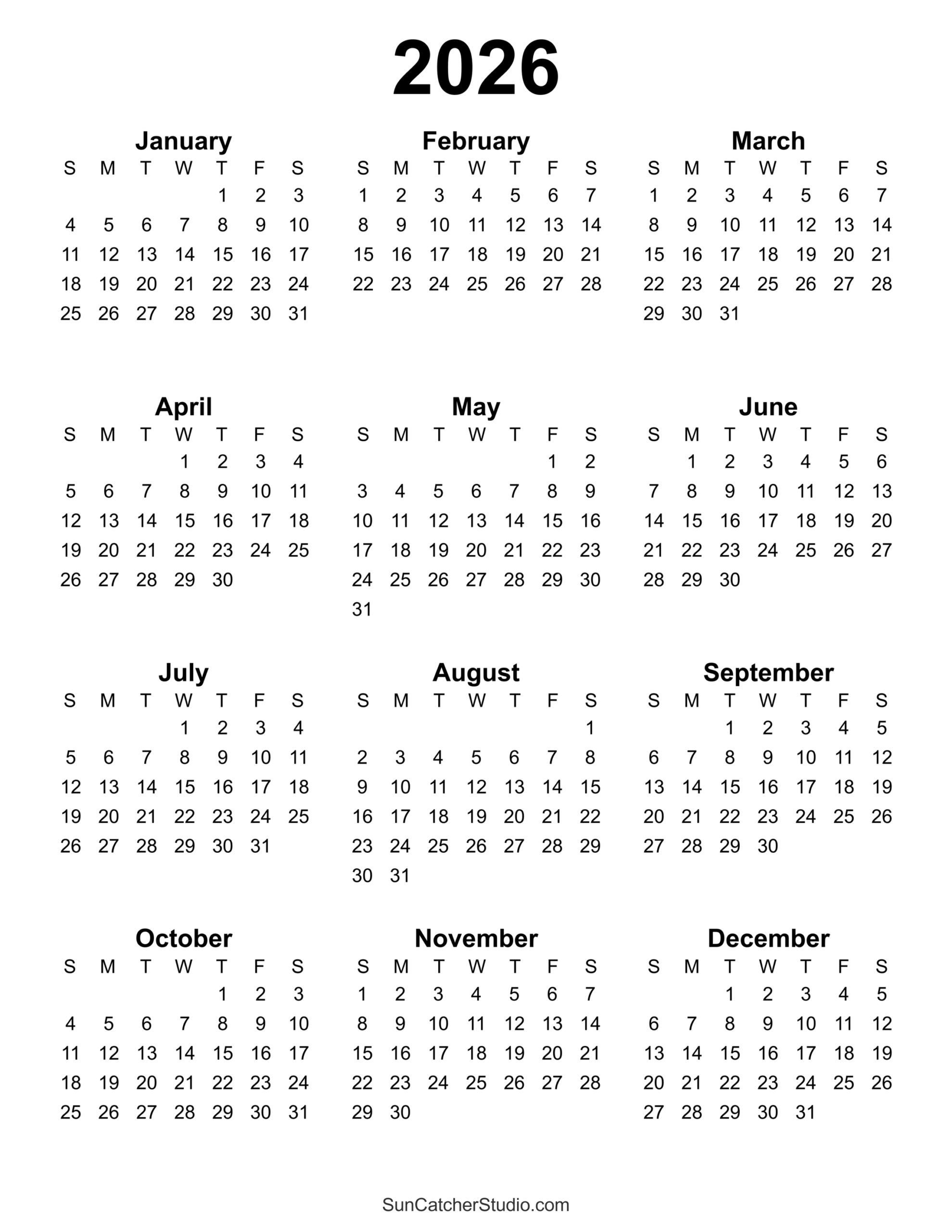 Free Printable 2026 Yearly Calendar – Diy Projects, Patterns with Calendar 2026 Free Printable