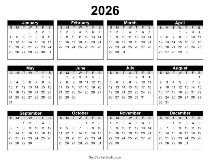 2026 Yearly Calendar Printable One Page