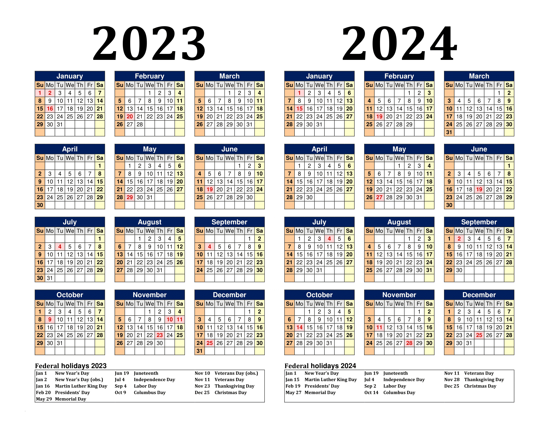 Free Printable Two Year Calendar Templates For 2023 And 2024 In Pdf intended for 2 Year Calendar Printable