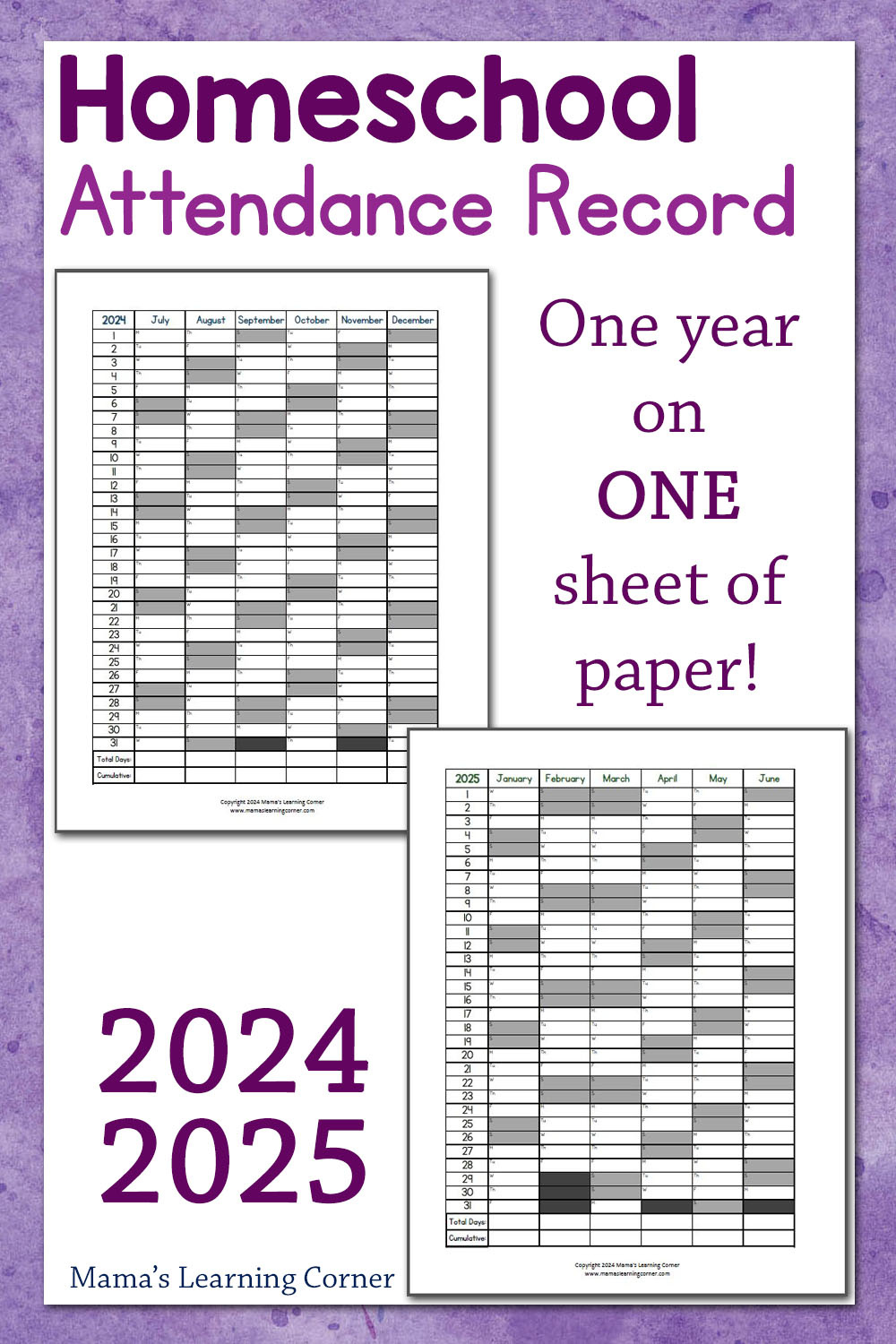 Homeschool Attendance Record 2024-2025 - Mamas Learning Corner within 2025 Attendance Calendar Free Printable