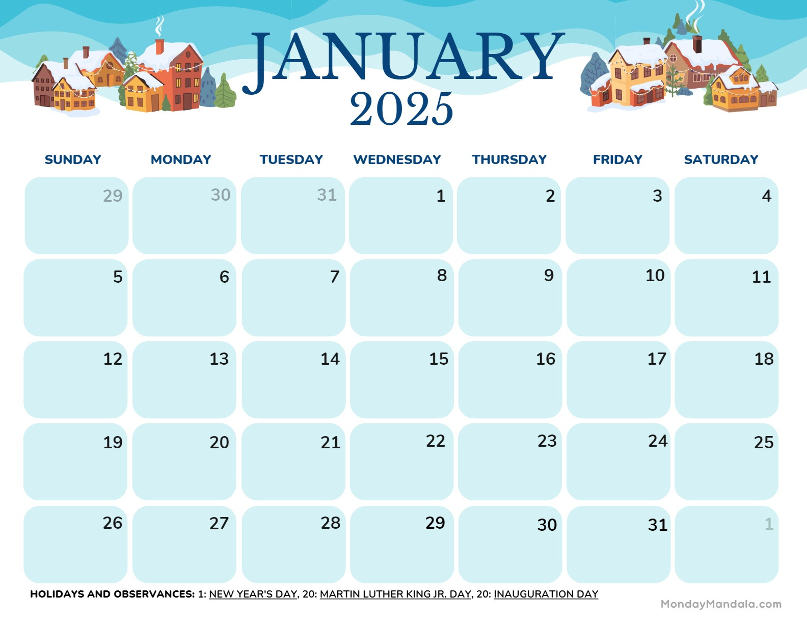 January 2025 Calendar (52 Free Pdf Printables) within January 2025 Calendar Printable with Holidays