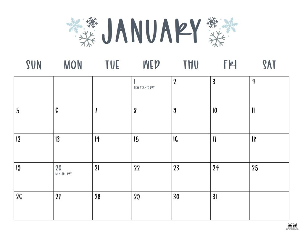 January 2025 Calendars - 107 Free Printables | Printabulls for Monthly Calendar 2025 with Holidays Printable