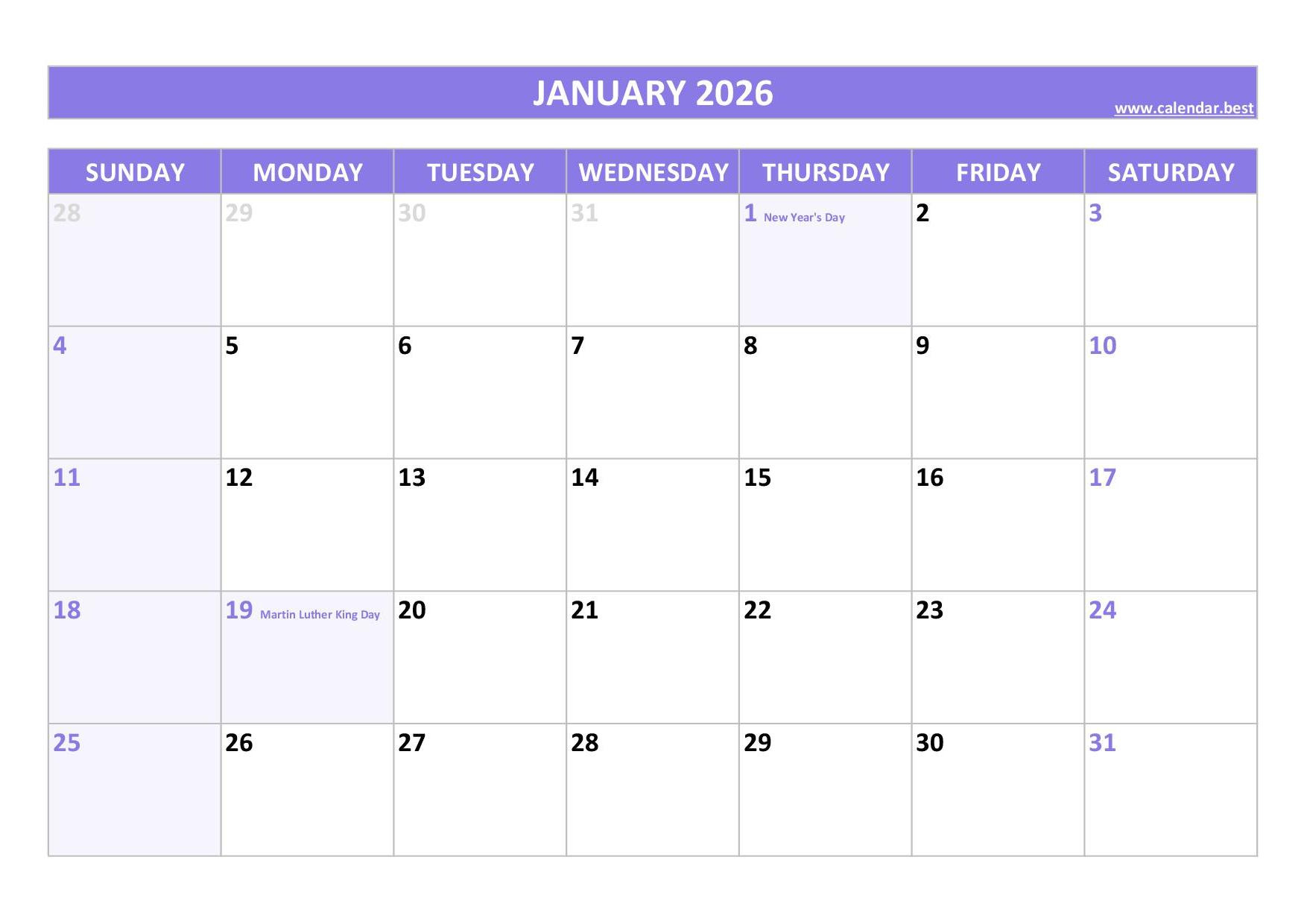 January 2026 Calendar -Calendar.best regarding January 2026 Calendar Free Printable