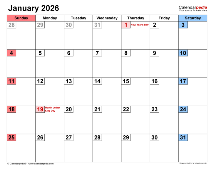 January 2026 Calendar with Holidays Printable