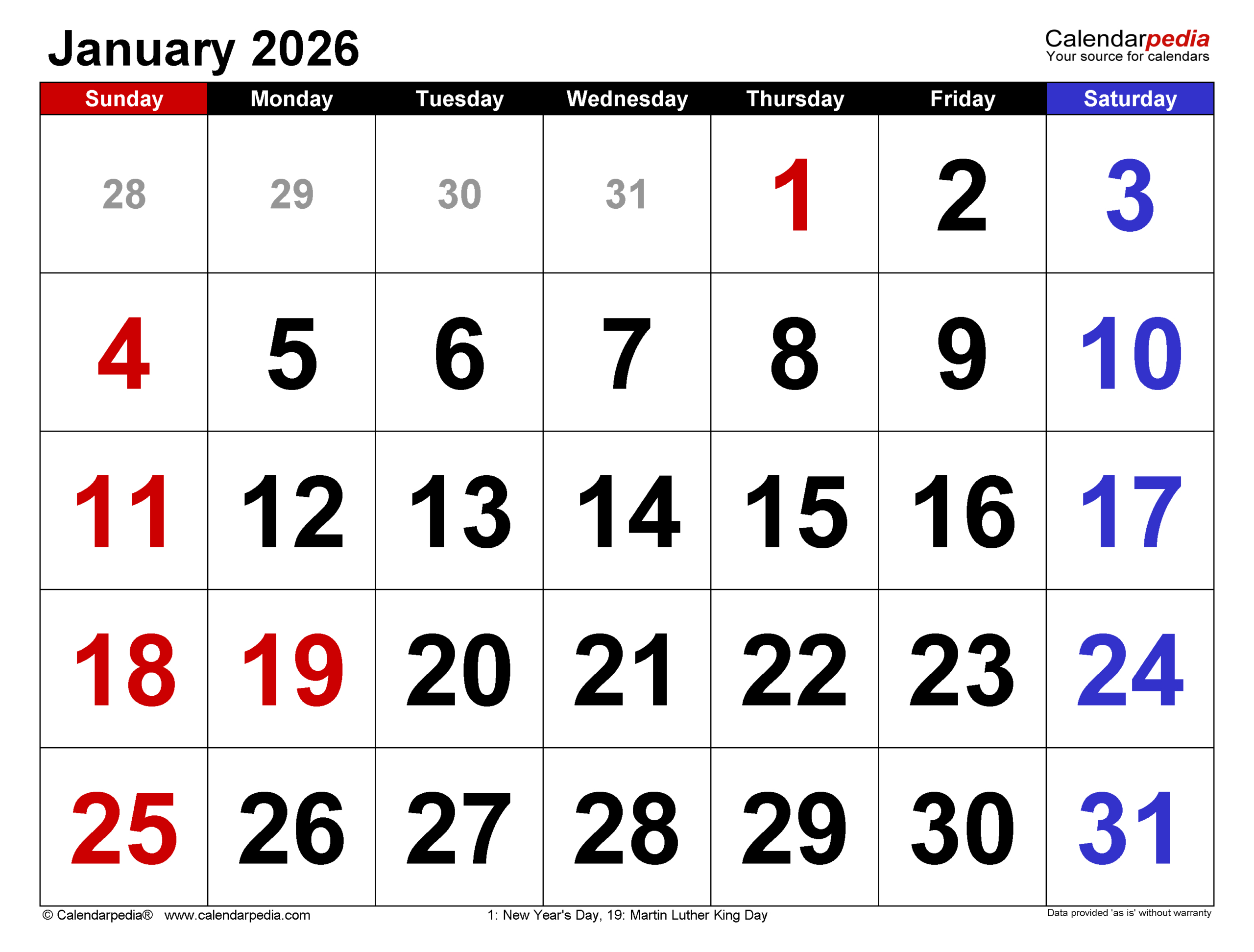 January 2026 Calendar | Templates For Word, Excel And Pdf pertaining to January 2026 Calendar Free Printable