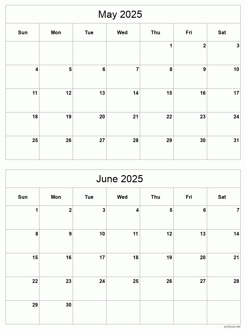 May To June 2025 Printable Calendar | Two Months Per Page in Printable 2 Month Calendar 2025