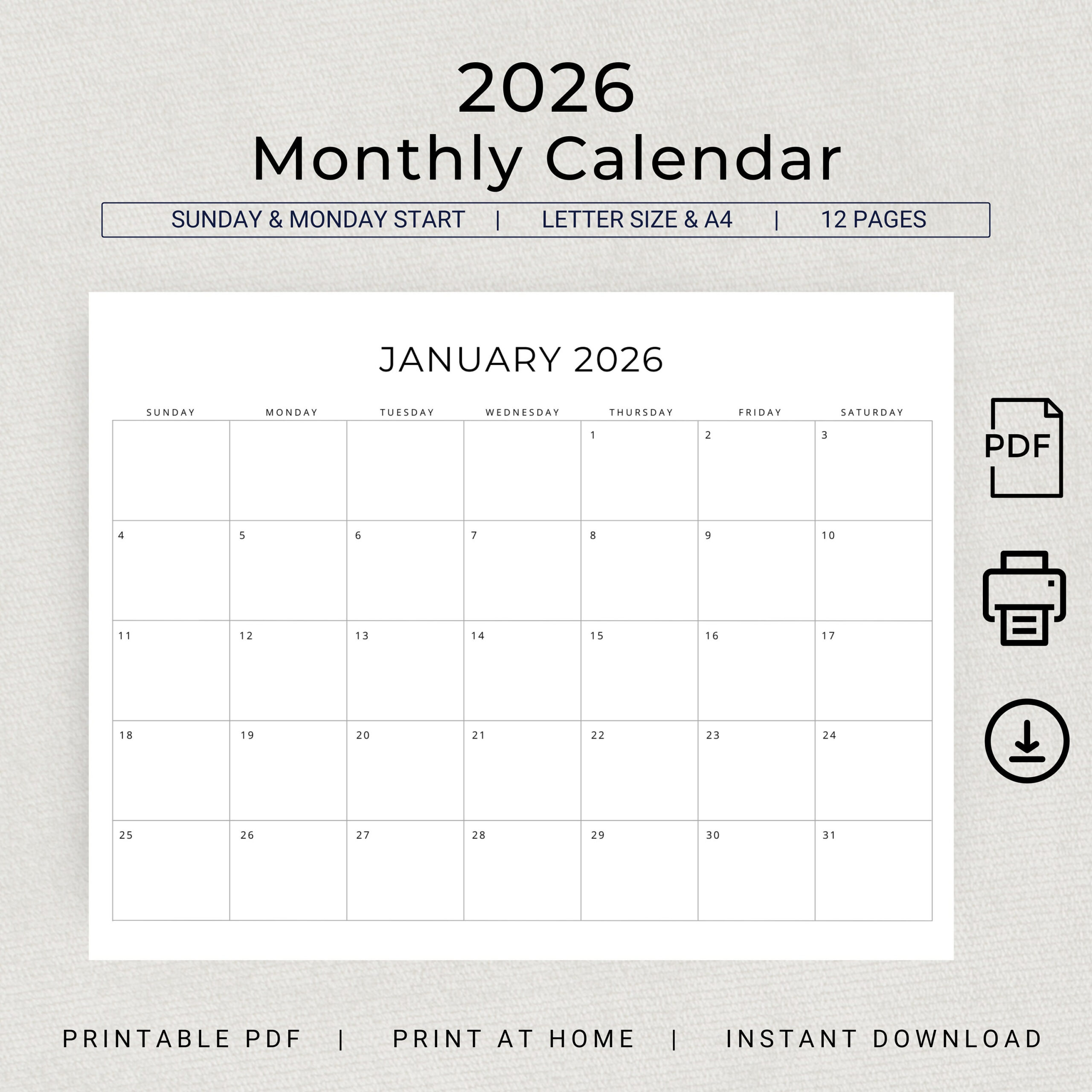 Monatskalender 2026 Druckbar 2026 Monatsplaner Querformat 2026 intended for 2026 Printable Calendar By Month