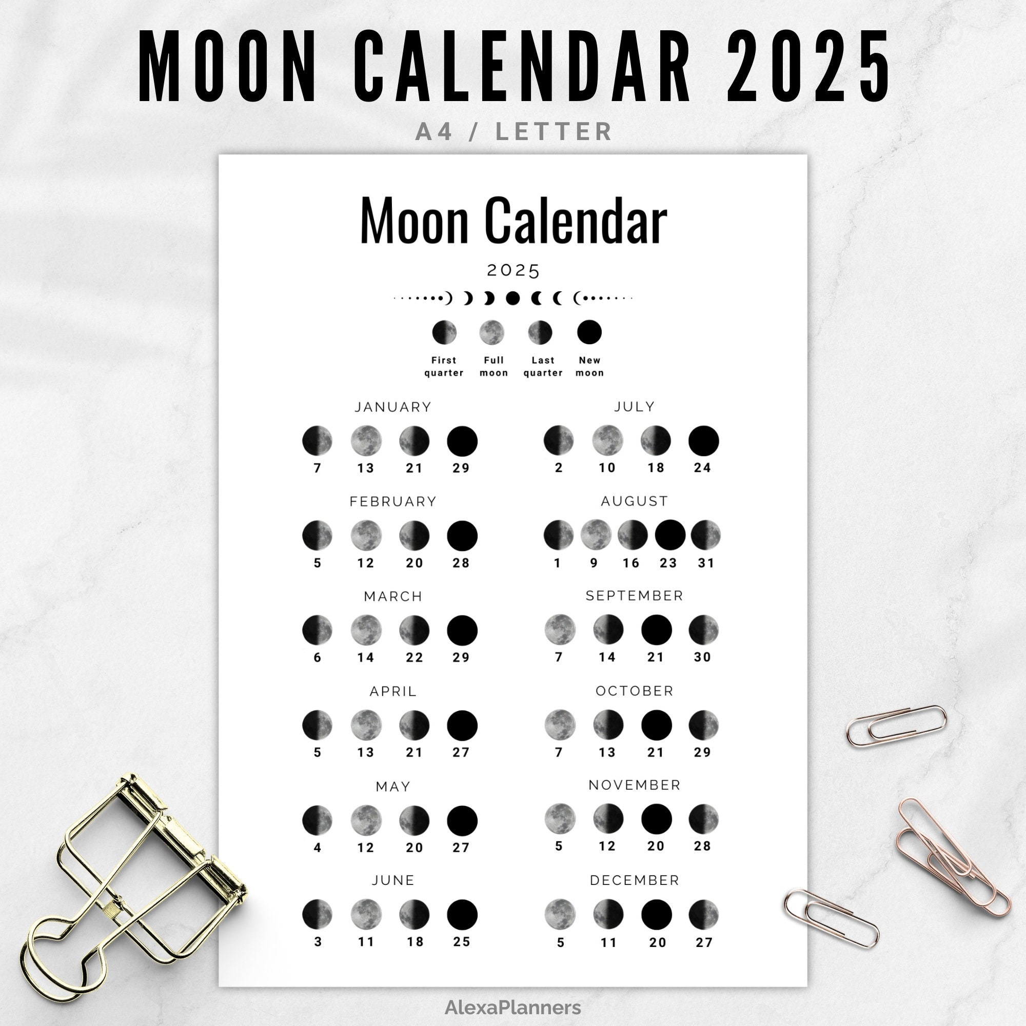 Mondphasenkalender 2025, Mondkalender In A4 / Letter Größe - Etsy.de throughout Printable Moon Phase Calendar 2025