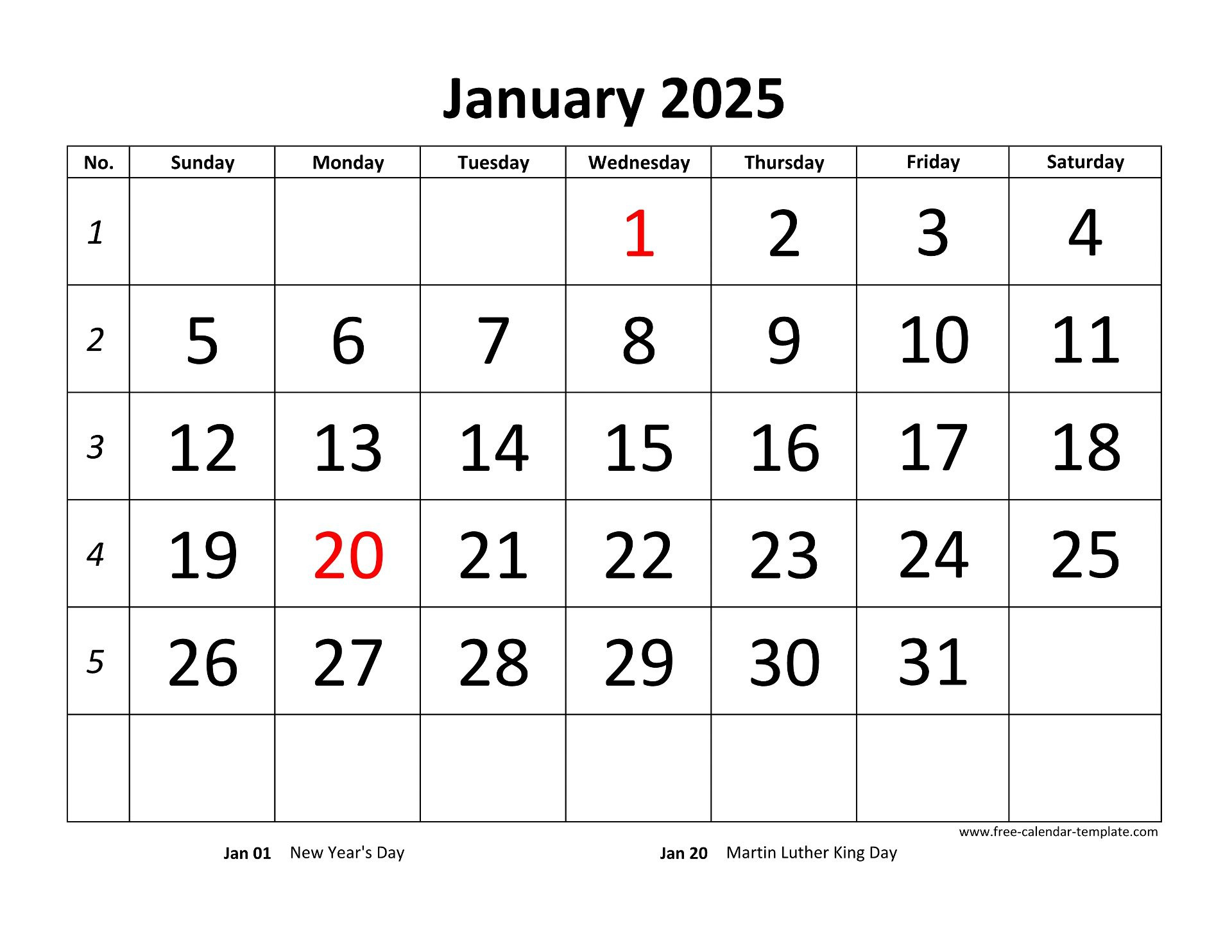 Monthly 2025 Calendar Designed With Large Font (Horizontal) | Free throughout Free Monthly Calendar 2025 Printable