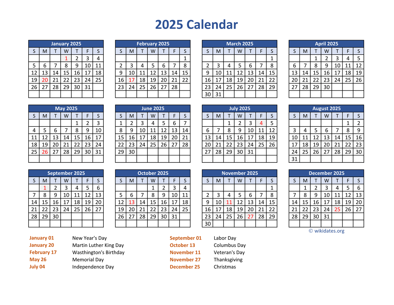 Pdf Calendar 2025 With Federal Holidays | Wikidates in 2025 Calendar Printable With Federal Holidays