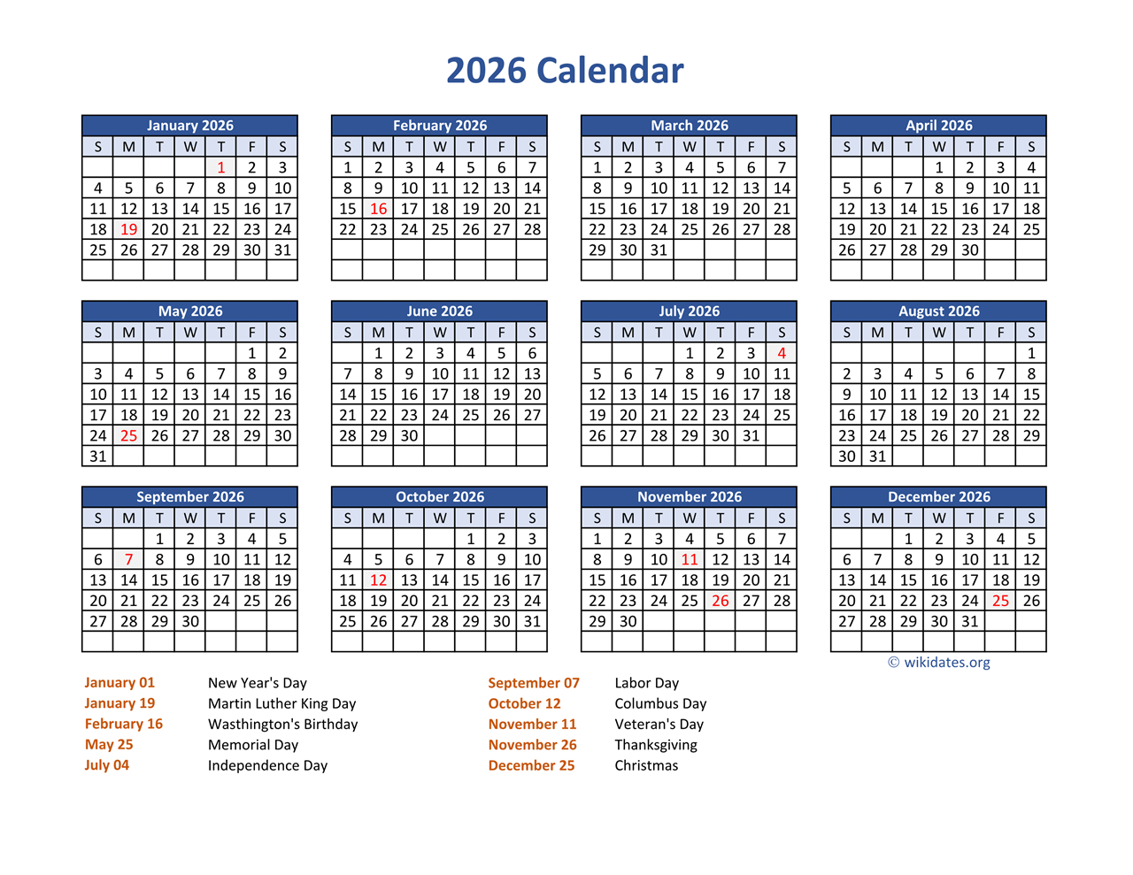 Pdf Calendar 2026 With Federal Holidays | Wikidates in Calendar 2026 With Holidays Printable