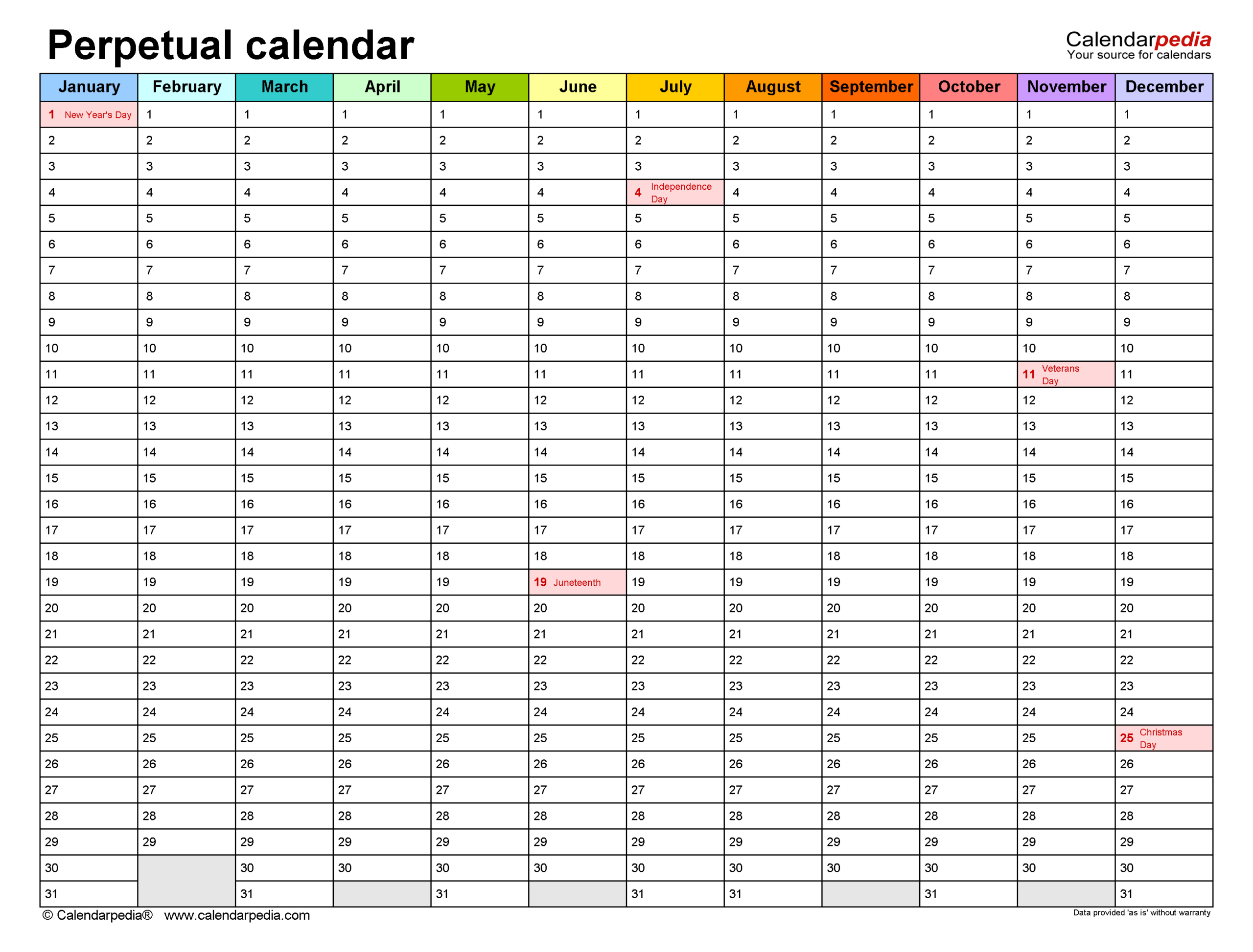 Perpetual Calendars - Free Printable Pdf Templates in 5 Year Calendar Printable