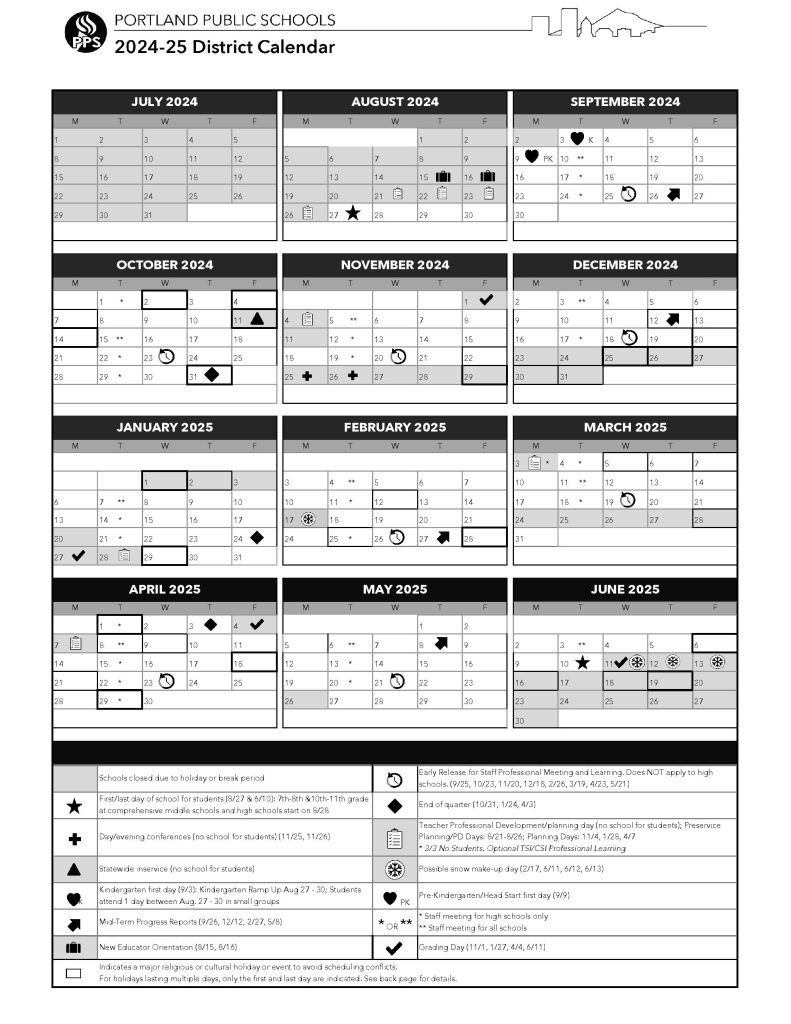 Portland Public Schools Calendar 2024-25 | Academic Dates in PPS Calendar 2025 Printable