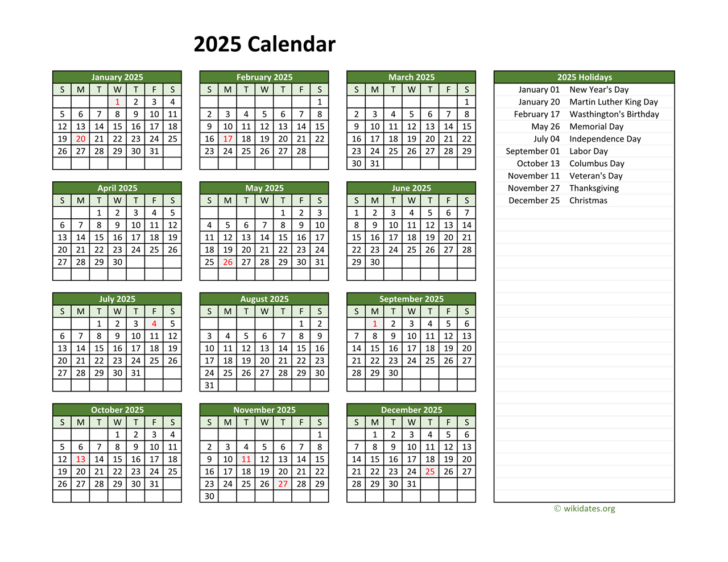 2025 Calendar Printable with Federal Holidays