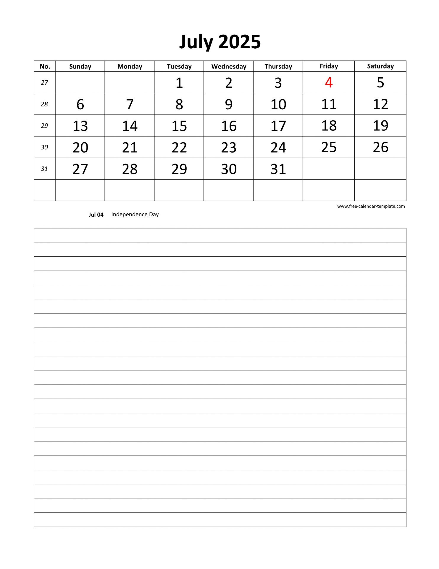 Printable 2025 July Calendar Grid Lines For Daily Notes (Vertical in Daily Calendar 2025 Free Printable