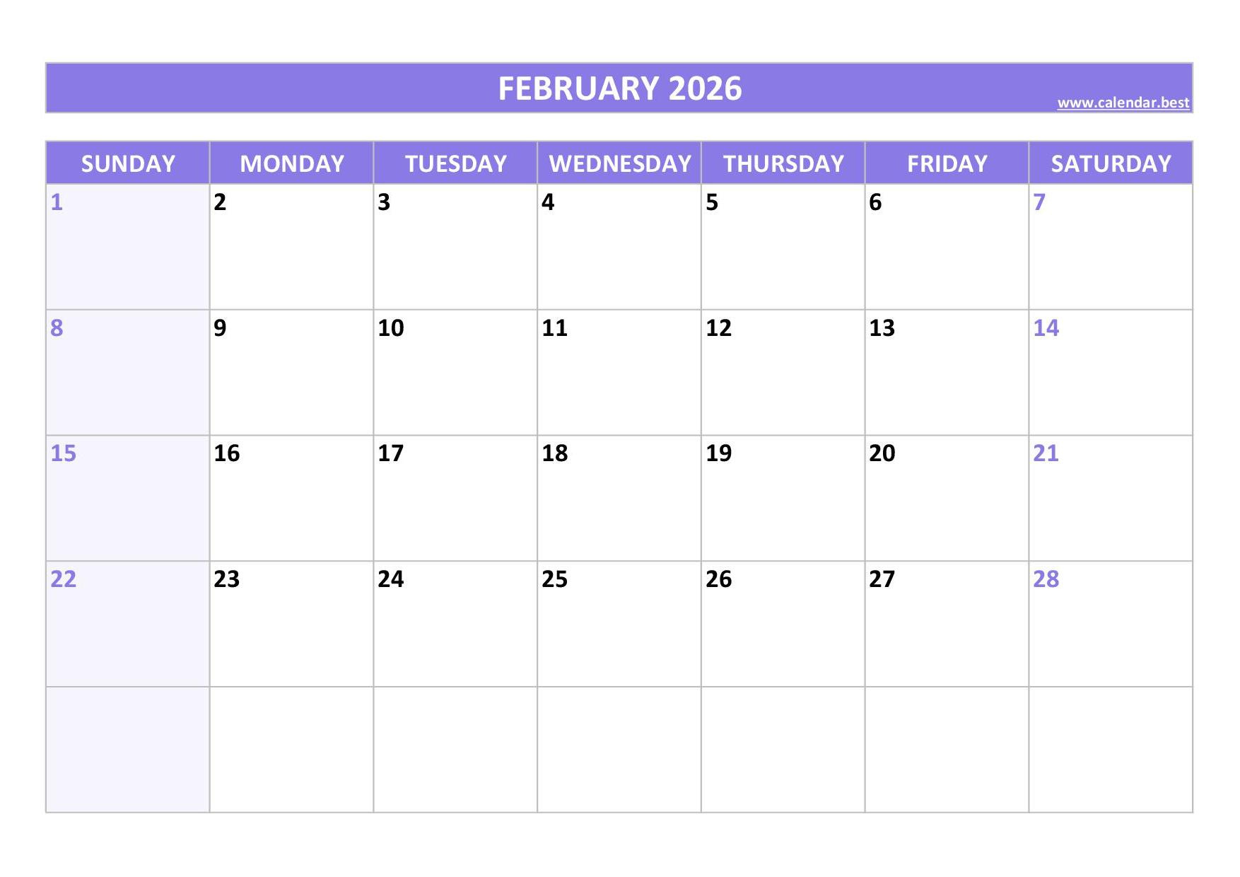 Printable 2026 Monthly Calendar -Calendar.best throughout Printable Calendar February 2026