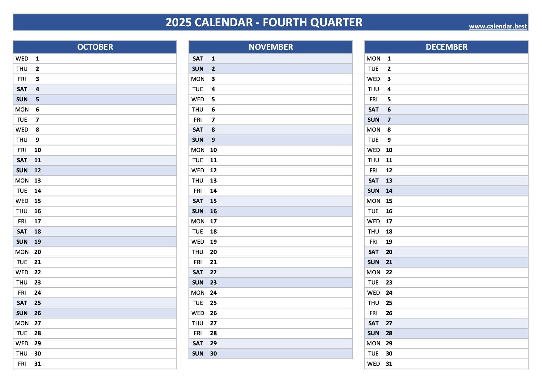 Printable 4Th Quarter 2025 Calendar with regard to 2025 Calendar Quarterly Printable