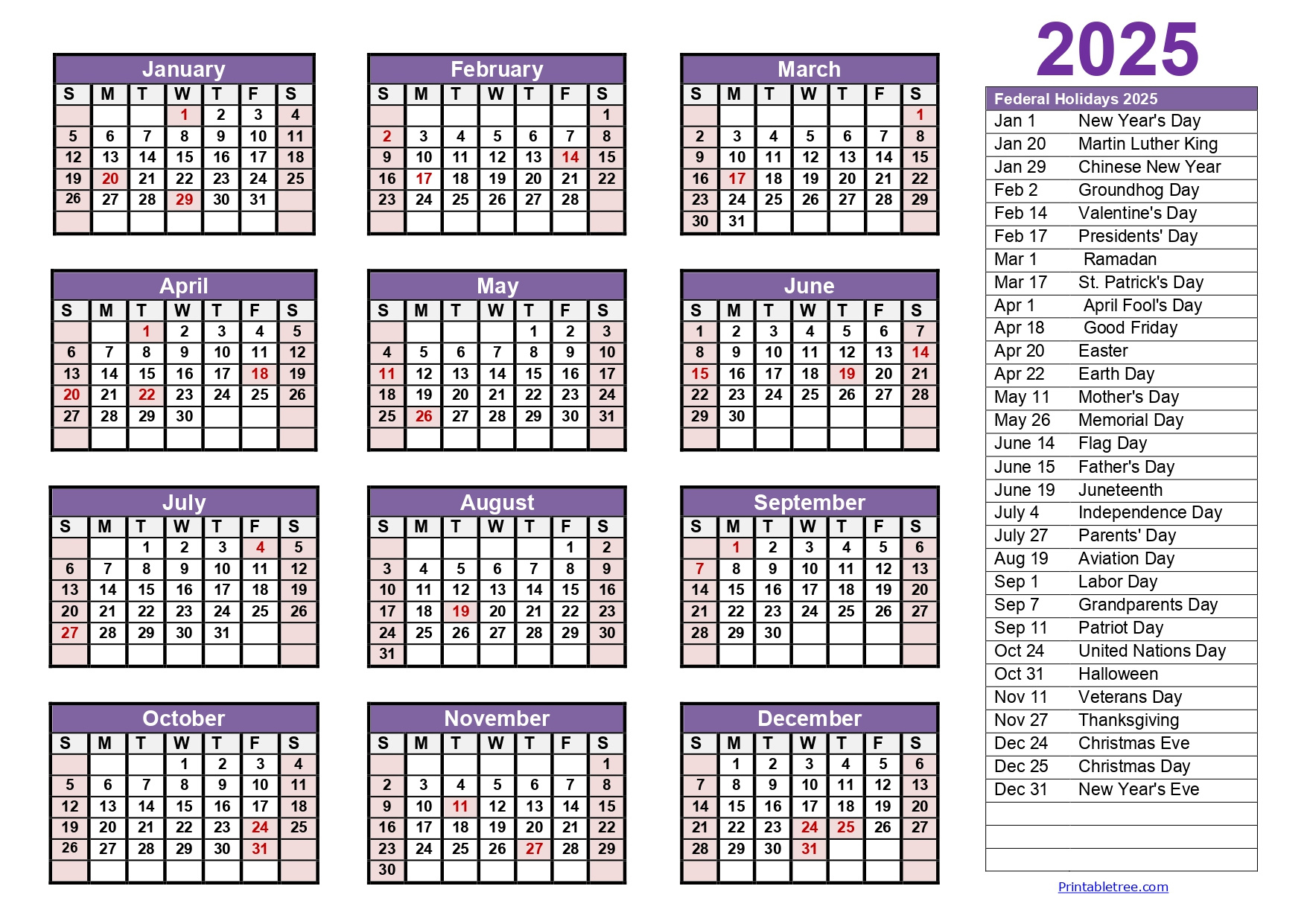 Printable Calendar 2025 One Page With Holidays (Single Page) 2025 for One Page Printable Calendar 2025