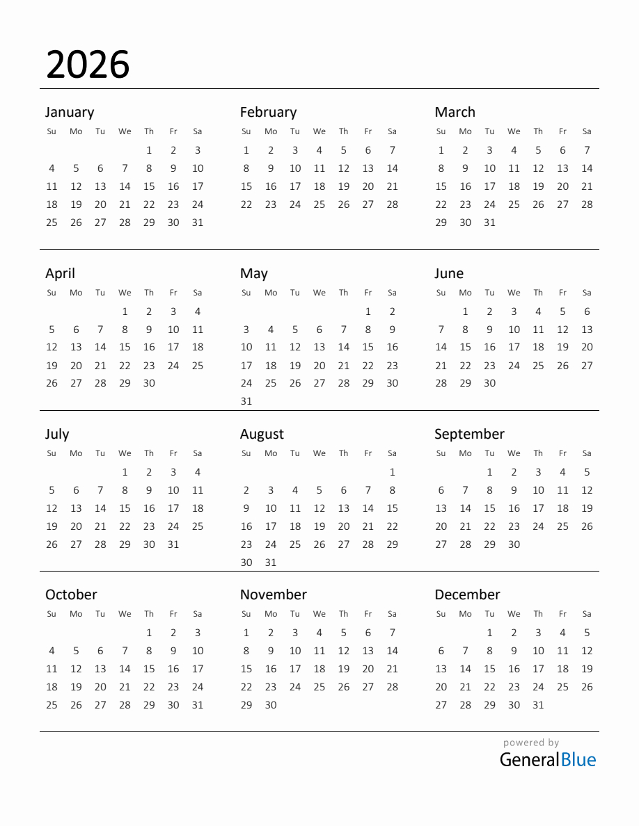 Printable Calendar For 2026 for Printable 2026 Monthly Calendar