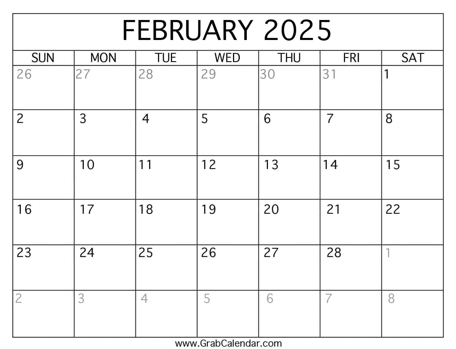 Printable February 2025 Calendar inside Feb 2025 Calendar Printable