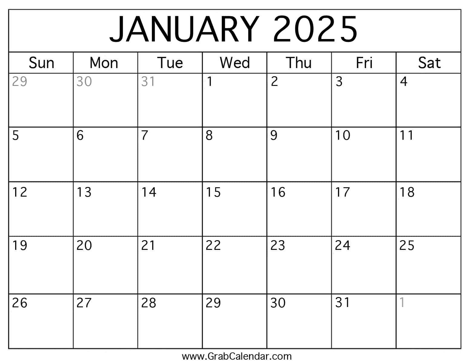 Printable January 2025 Calendar for 2025 Jan Calendar Printable