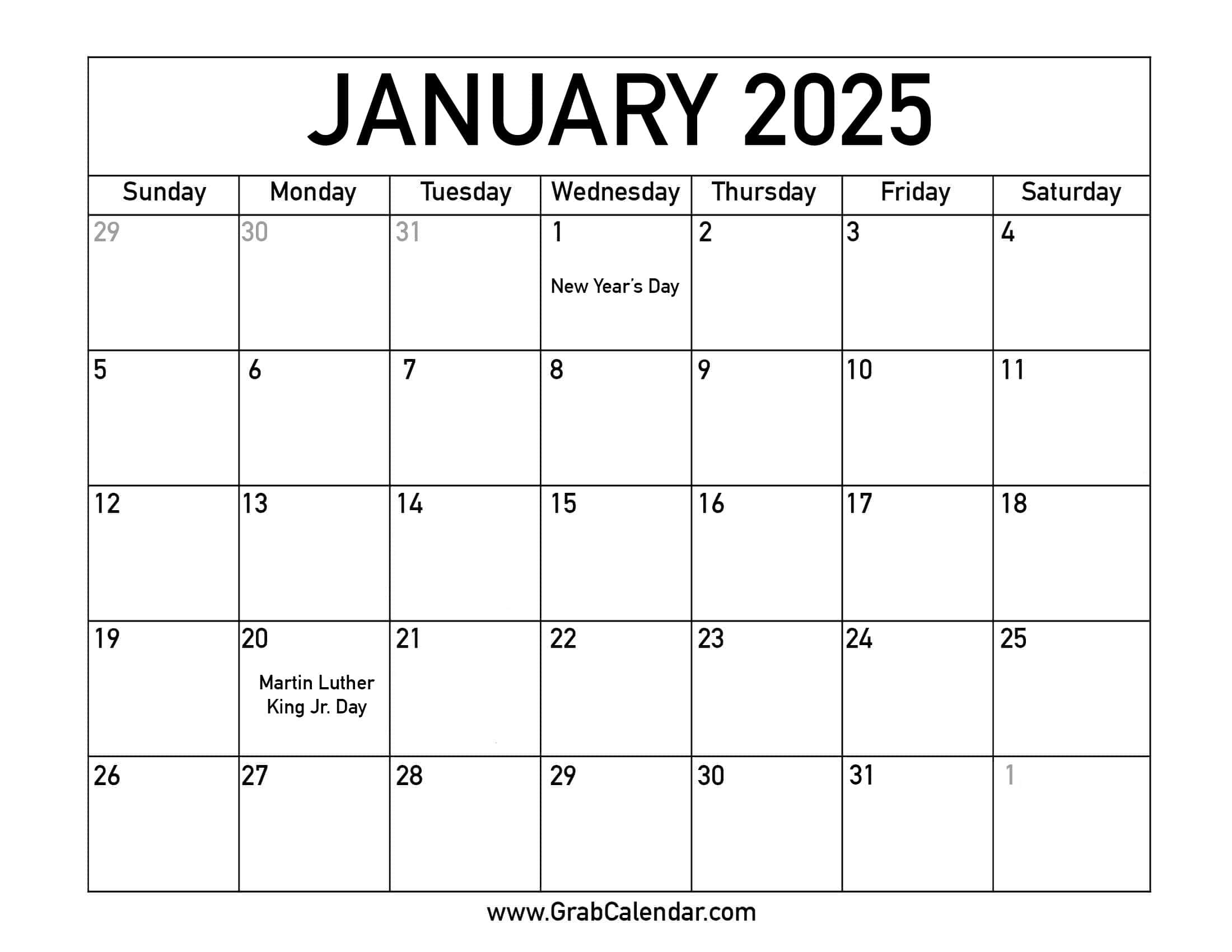 Printable January 2025 Calendar inside 2025 Printable Monthly Calendar with Holidays Printable Free