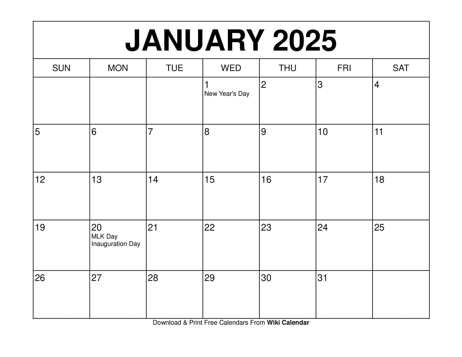 Printable January 2025 Calendar Templates With Holidays throughout January 2025 Calendar Printable Wiki