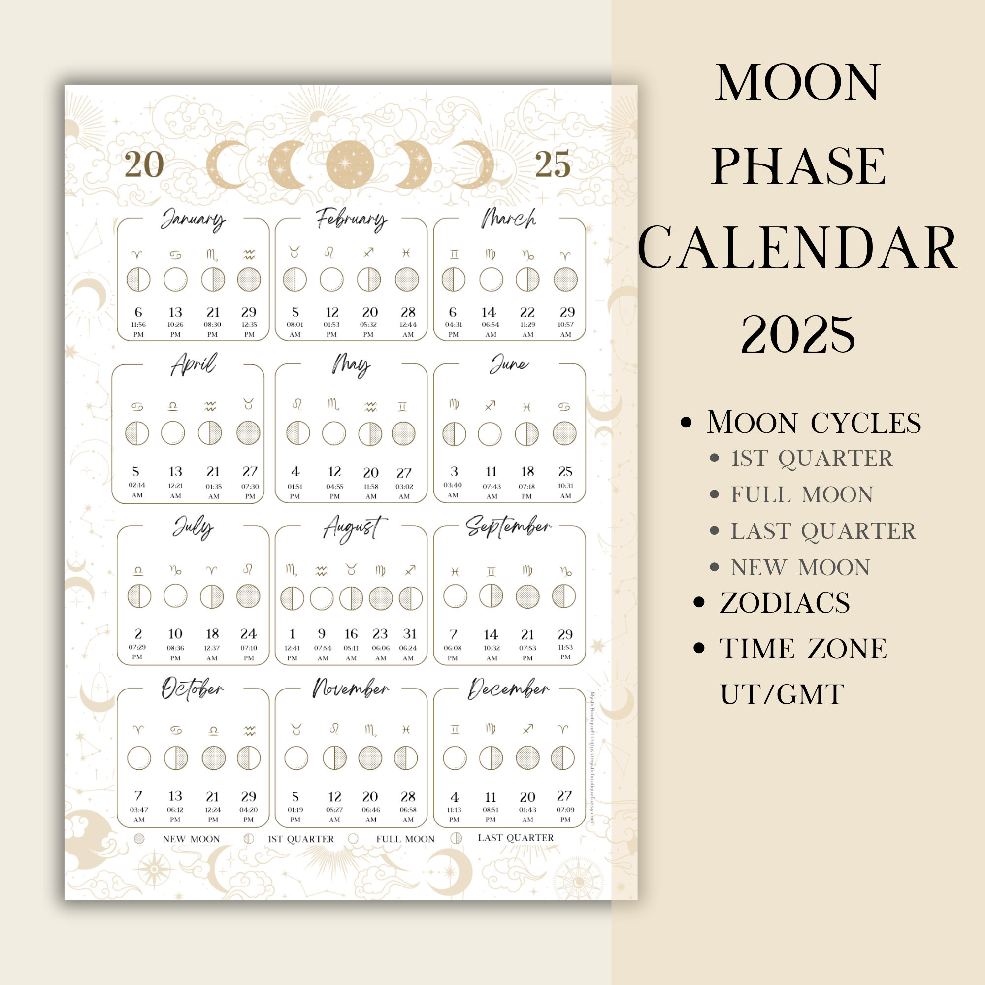 Printable Pdf Lunar Calendar, Moon Phase Calendar 2025 - Etsy for 2025 Moon Calendar Printable