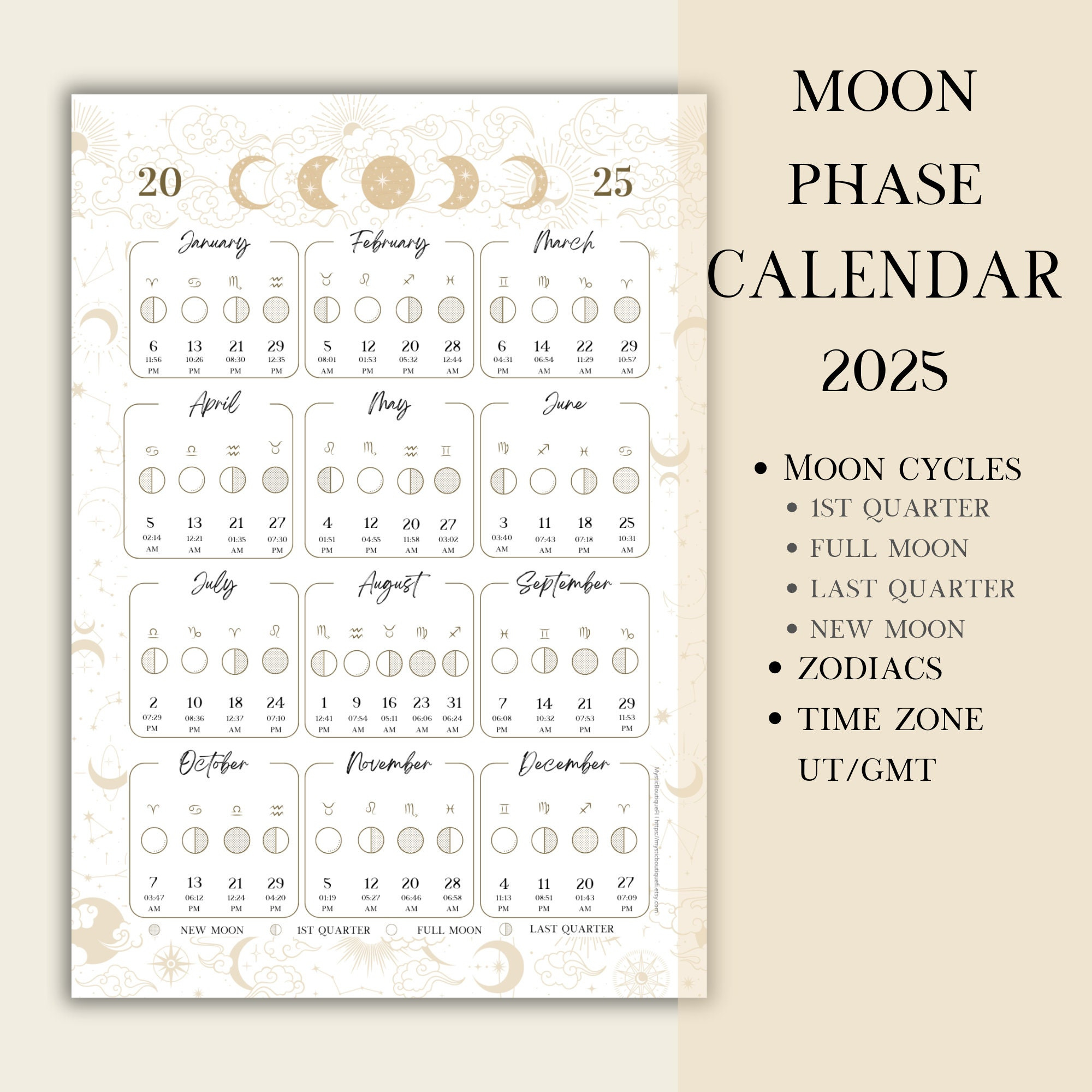 Printable Pdf Lunar Calendar, Moon Phase Calendar 2025 - Etsy with regard to Printable Moon Phase Calendar 2025