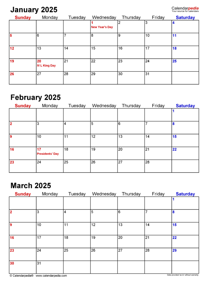 2025 Calendar Printable 3 Months Per Page