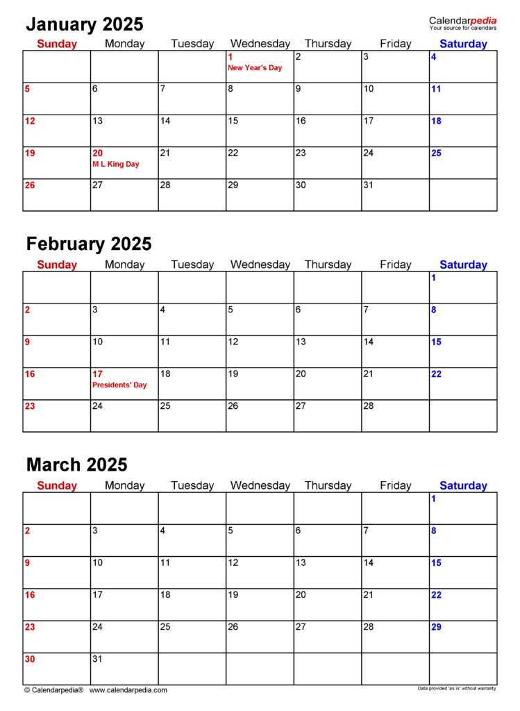 2025 Calendar Printable 3 Months Per Page