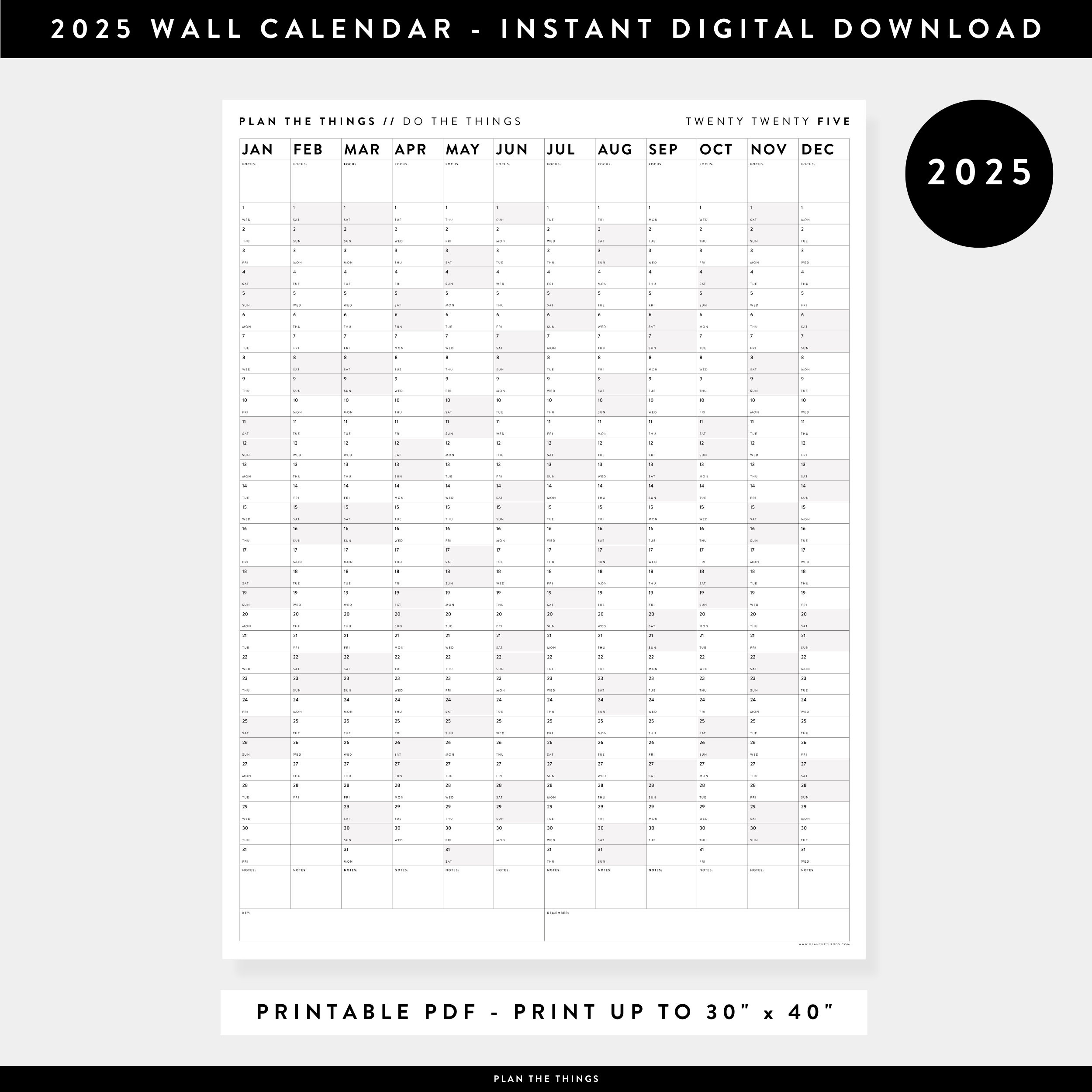 Wandkalender 2025 Zum Ausdrucken Digitale Pdf-Sofortdownload 2025 for Printable 2025 Wall Calendar