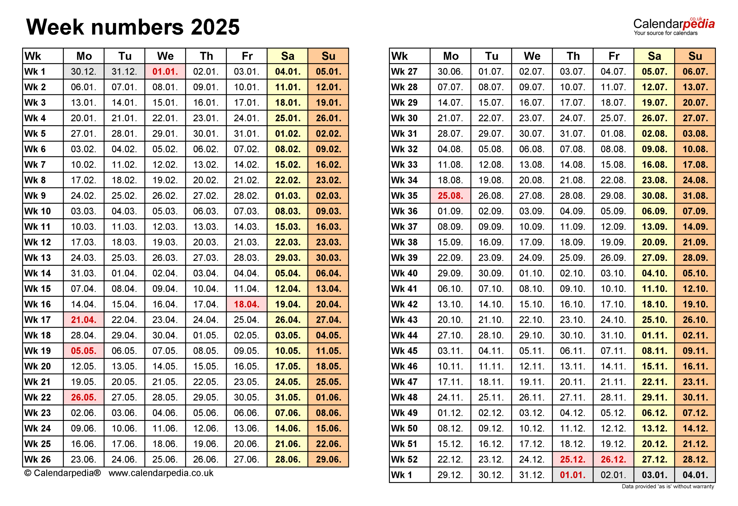 Week Numbers 2025 With Excel, Word And Pdf Templates within Printable 2025 Calendar with Week Numbers