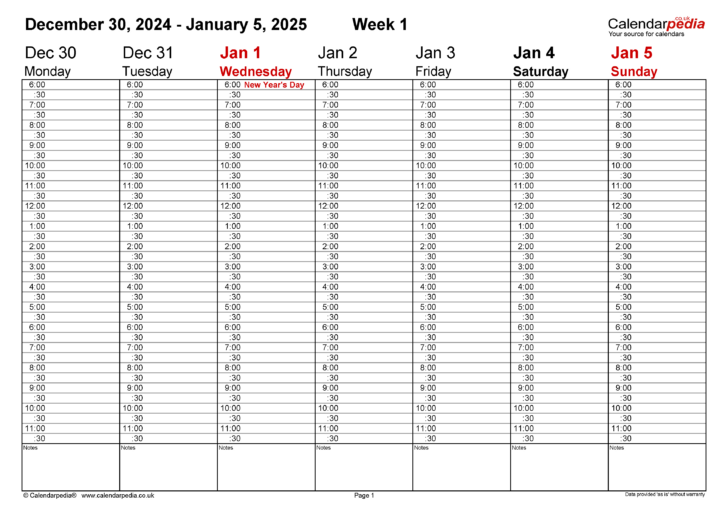 Printable Weekly Calendar 2025 with Times